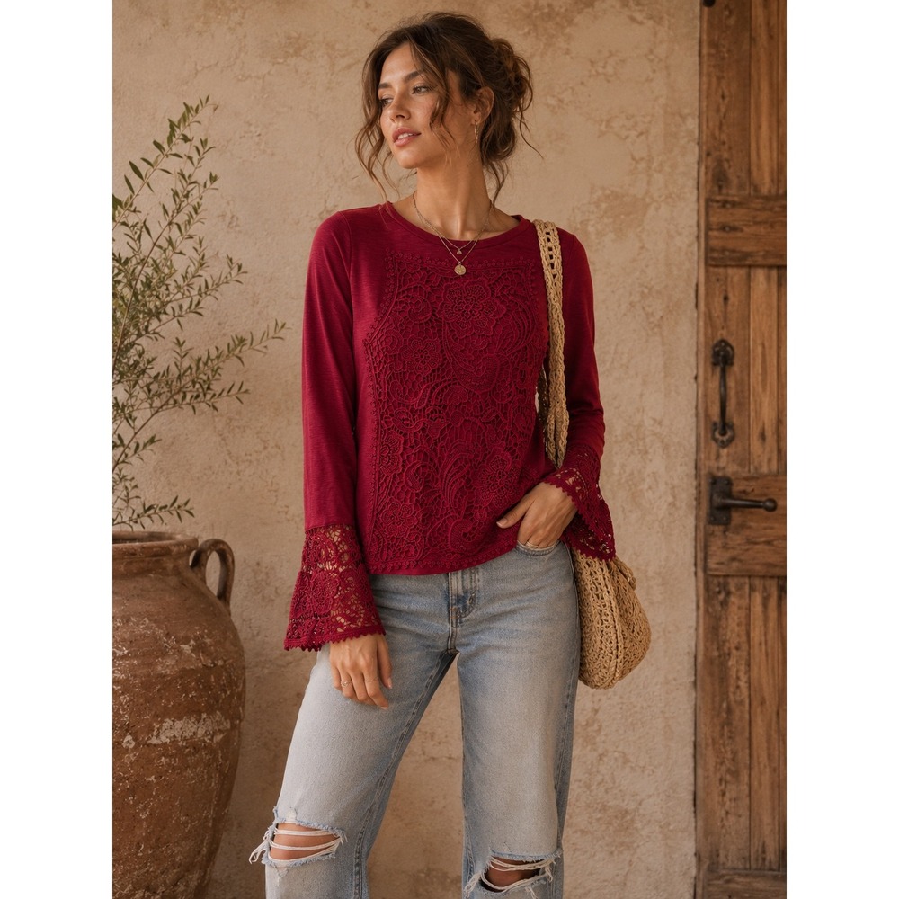 Sundance Womens Berry Red Crochet Lace Front Long Sleeve Top Bell Cuffs Size M